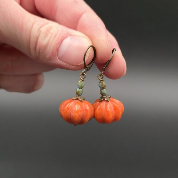 Jewelry - Copper Glass Pumpkin With Stone Handmade Earrings A6746